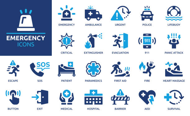 Emergency icon set. Solid icon collection. Containing ambulance, lifebuoy, first aid, police, medical, emergency exit, hospital and SOS icons. first responders icon stock illustrations