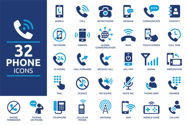 telefon-icon-set. sammlung von soliden telefonsymbolen. - am telefon stock-grafiken, -clipart, -cartoons und -symbole