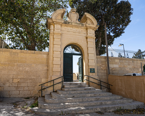 Valletta, Malta, April 03, 2024, the entrance gate of the Argotti Maslta botanic gardens in Floriana