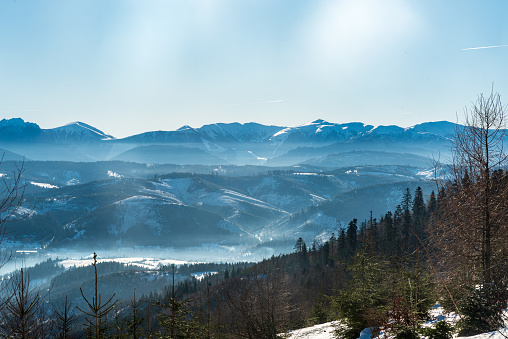 Krivanska Mala Fatra mountains from Bryzgalky hamlet above Nova Bystrica village in winter Kysucke Beskydy mountains in Slovakia