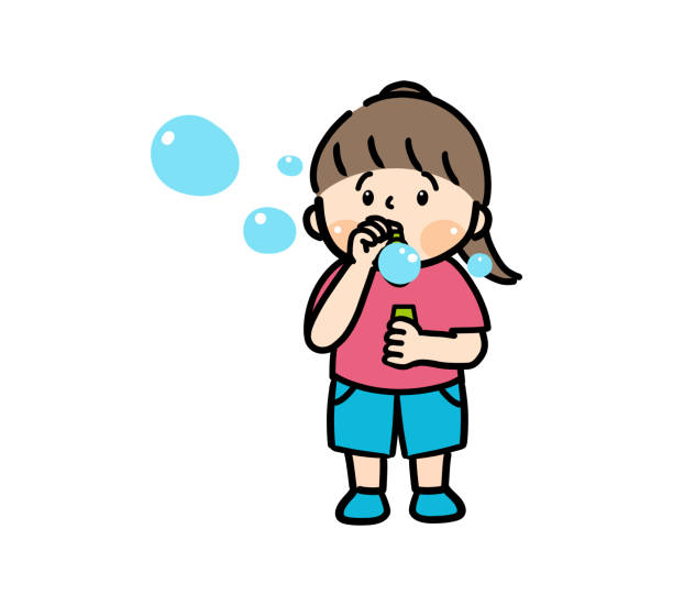 ilustrações, clipart, desenhos animados e ícones de ilustração da vista frontal de uma menina soprando bolhas de sabão - white background teenage girls shirt pink