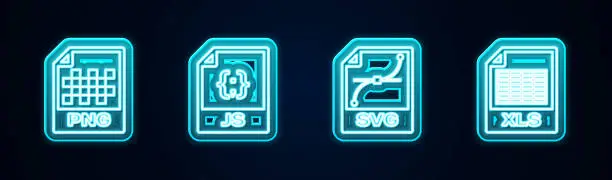 Vector illustration of Set line PNG file document, JS, SVG and XLS. Glowing neon icon. Vector