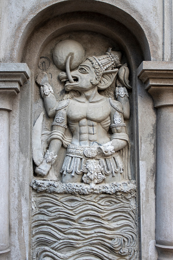 Facade of the Bawali Krishna temple with demon statue, Bawali, West Bengal, India, Asia