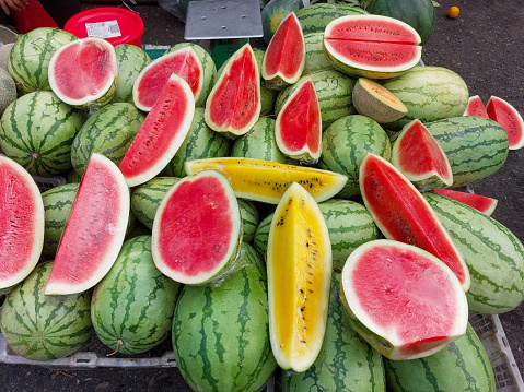 Summer berry, seedless watermelon and slices in Padangsidimpuan market, North Sumatera, Indonesia