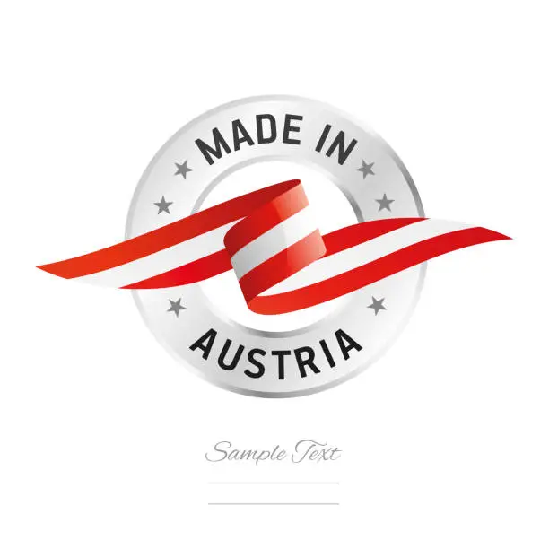 Vector illustration of Made in Austria. Austria flag ribbon with circle silver ring seal stamp icon. Austria sign label vector isolated on white background