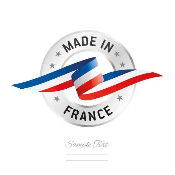Vector illustration of Made in France. France flag ribbon with circle silver ring seal stamp icon. France sign label vector isolated on white background