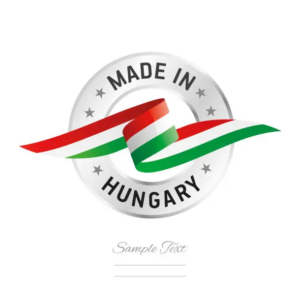 Vector illustration of Made in Hungary. Hungary flag ribbon with circle silver ring seal stamp icon. Hungary sign label vector isolated on white background