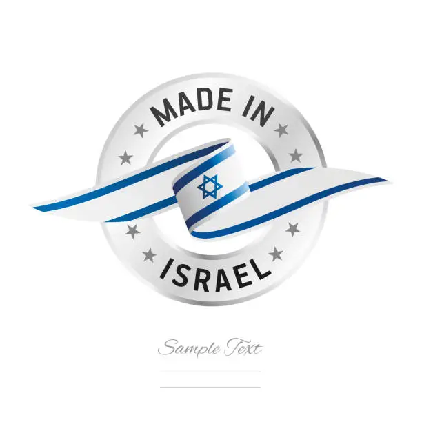 Vector illustration of Made in Israel. Israel flag ribbon with circle silver ring seal stamp icon. Israel sign label vector isolated on white background