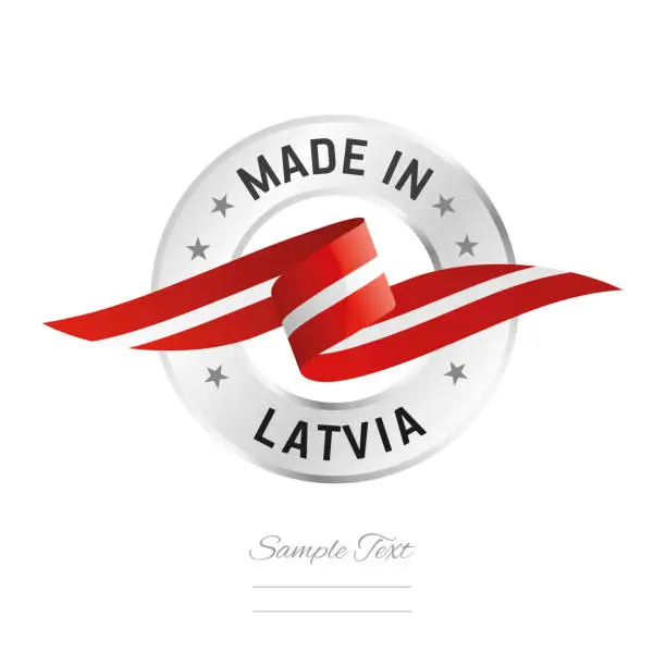 Vector illustration of Made in Latvia. Latvia flag ribbon with circle silver ring seal stamp icon. Latvia sign label vector isolated on white background