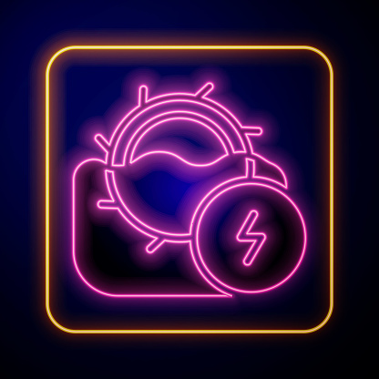 Glowing neon Water mill icon isolated on black background. Water wheel energy. Hydro power turbine wheel. Vector.