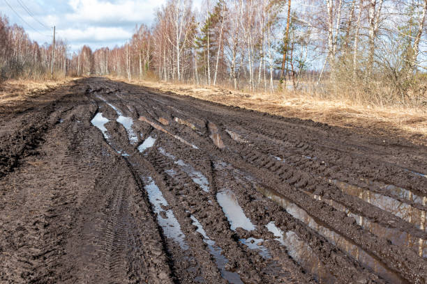 istock spring landscape with muddy swamp, forest road, spring, dirty wet road texture 2145322104