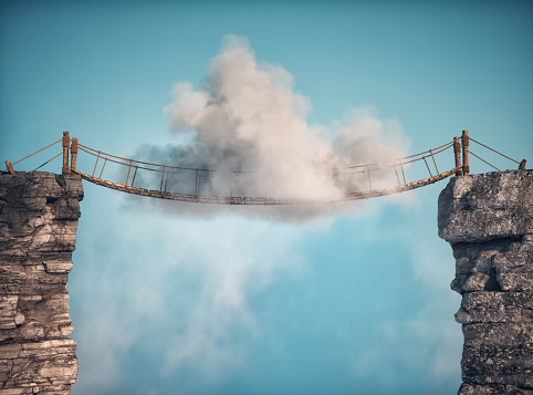 Surreal image of a cloud standing on a rope bridge. THIS IS A 3D RENDER ILLUSTRATION.