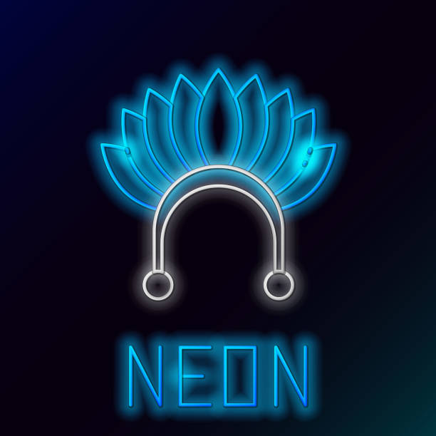 Glowing neon line Indian headdress with feathers icon isolated on black background. Native american traditional headdress. Colorful outline concept. Vector Glowing neon line Indian headdress with feathers icon isolated on black background. Native american traditional headdress. Colorful outline concept. Vector. cherokee clip art stock illustrations
