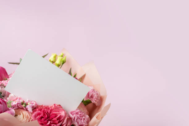 istock Bouquet composition, card with flowers, pink roses, romantic message for anniversary. 2145379476