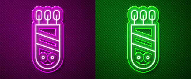 Glowing neon line Quiver with arrows icon isolated on purple and green background. Vector.