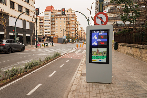 Alcoy, Spain, 04-07-2024: Information panel and control of passage of cyclists next to the bike lane in Alcoy, Spain