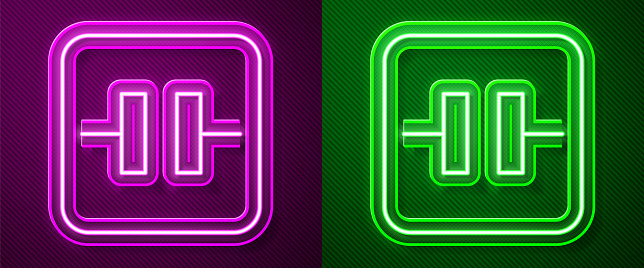 Glowing neon line Electrolytic capacitor icon isolated on purple and green background. Vector.