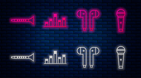 Set line Music equalizer, Air headphones, Clarinet and Microphone. Glowing neon icon on brick wall. Vector