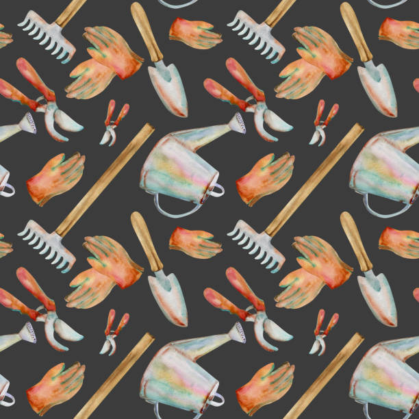 Hand drawn watercolor illustration spring gardening tools, rake shovel pruning shears watering can gloves. Seamless pattern isolated on dark background. Design print, shop, scrapbooking, packaging Hand drawn watercolor illustration spring gardening tools, rake shovel pruning shears watering can gloves. Seamless pattern isolated on dark background. Design print, shop, scrapbooking, packaging. scissors cutting wrapping paper stock illustrations