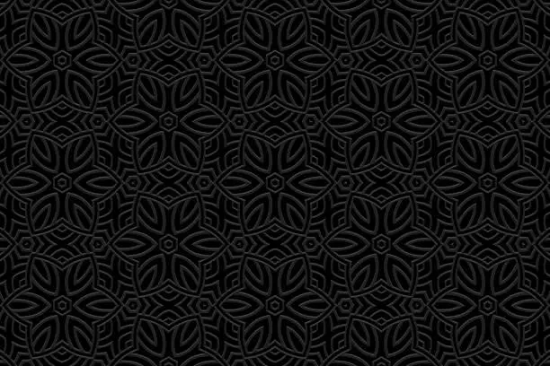 Vector illustration of Embossed black background, ethnic cover design. Geometric floral 3D pattern. Tribal handmade style, doodling, boho. Ornamental vintage exoticism of the East, Asia, India, Mexico, Aztec.