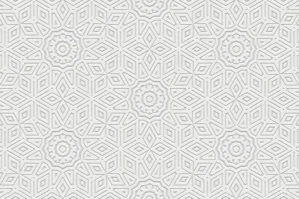 Vector illustration of Embossed white background, ethnic cover design. Geometric elegant 3D pattern. Tribal handmade style, doodling, boho. Ornamental vintage exoticism of the East, Asia, India, Mexico, Aztec.
