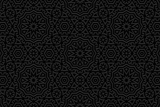 Vector illustration of Embossed black background, ethnic cover design. Geometric original 3D pattern. Tribal handmade style, doodling, boho. Ornamental vintage exoticism of the East, Asia, India, Mexico, Aztec.