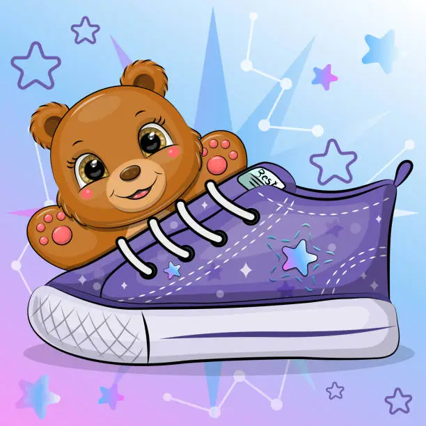 Vector illustration of A cute cartoon brown bear with a sneaker.