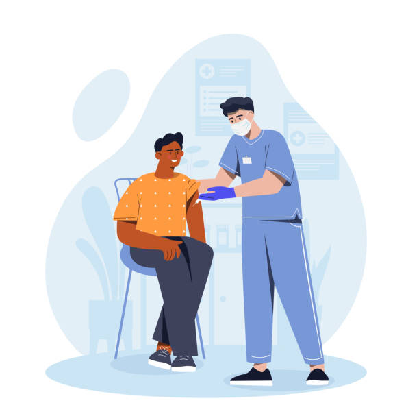 illustrazioni stock, clip art, cartoni animati e icone di tendenza di uomo con il concetto di vettore di vaccinazione - ambulatorio medico