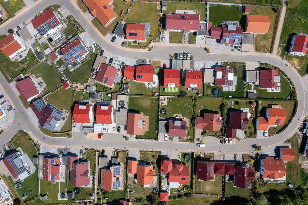 istock Residential neighborhood top down view 2145461935