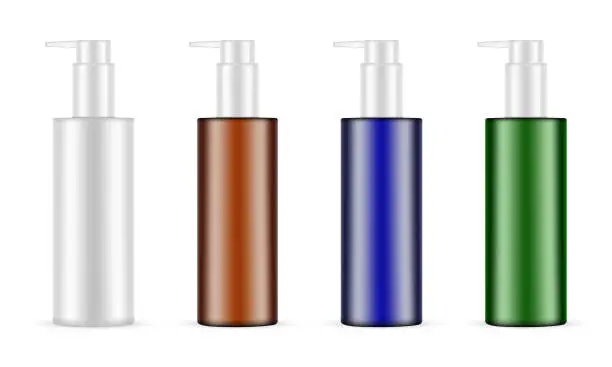 Vector illustration of Set Of Tall Plastic Pump Bottles Mockups, Different Colors
