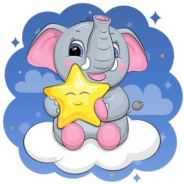 Vector illustration of Cute cartoon elephant is holding a yellow star and sitting on a cloud.