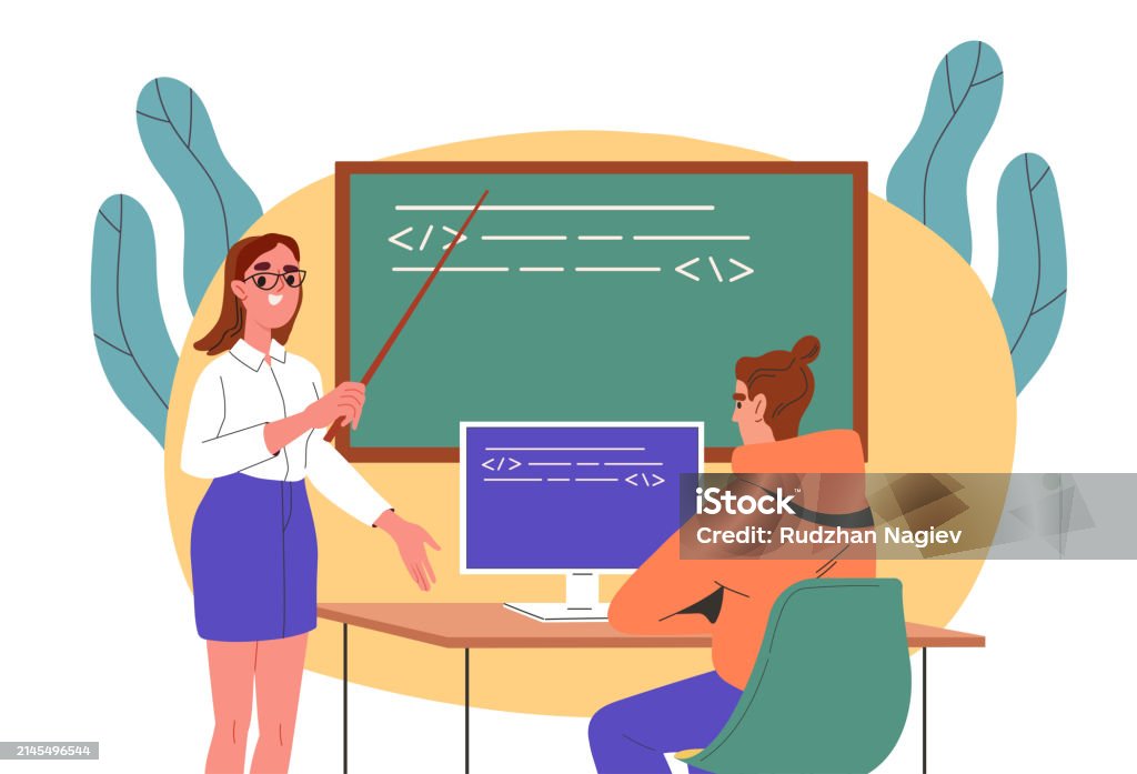 Programming Simple Cartoon Programming Lesson Vector Concept Stock Illustration - Download Image ...