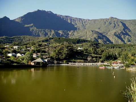 The lake of Mare a Joncs in Cilaos with Piton des Neiges in the background, Reunion