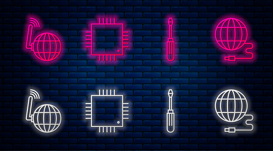 Set line Processor with microcircuits CPU, Screwdriver, Social network and Social network. Glowing neon icon on brick wall. Vector