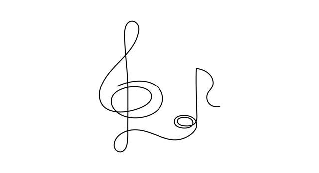 Treble clef and musical note one line art animation, hand drawn continuous contour drawing motion. Artistic creative concept, minimalist template outline.