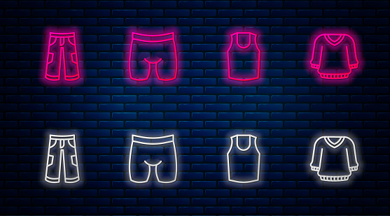 Set line Cycling shorts Undershirt Pants and Sweater. Glowing neon icon on brick wall. Vector.