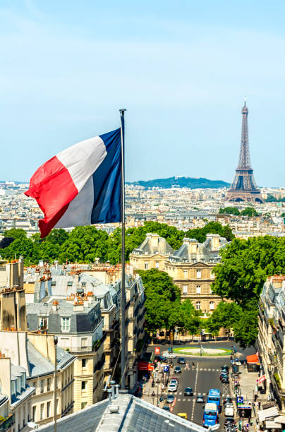 istock Skyline Paris with french flag 2145525513