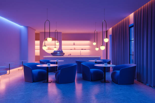 istock Neon purple cafe interior with armchairs 2145526549
