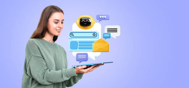 istock Woman with tablet, mock up chat bot speech bubble and communication 2145529108