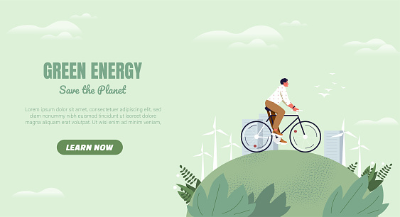Green energy poster. Man at bicycle riding near city. Eco friendly transport. Zero waste and sustainable lifestyle. Reduced waste emissions. Landing webpage design. Cartoon flat vector illustration