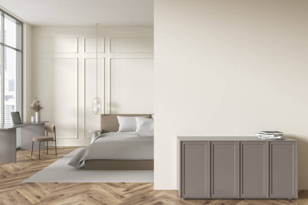 istock Classic home bedroom interior with sleep and work space, drawer with mockup wall 2145531179