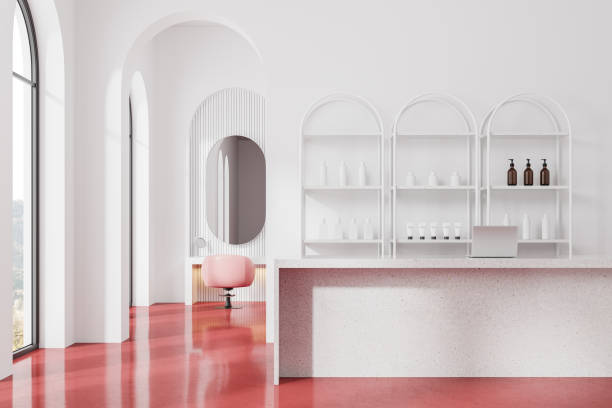 istock Luxury stylish barber shop interior reception desk, shelf and panoramic window 2145534789