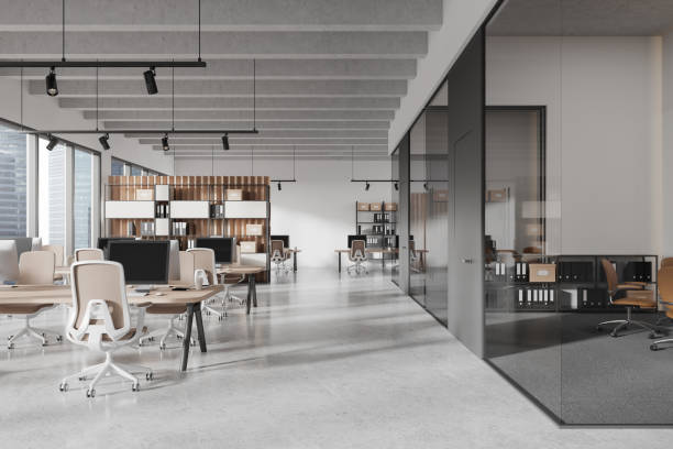 istock Modern office interior with coworking and meeting room near panoramic window 2145535046