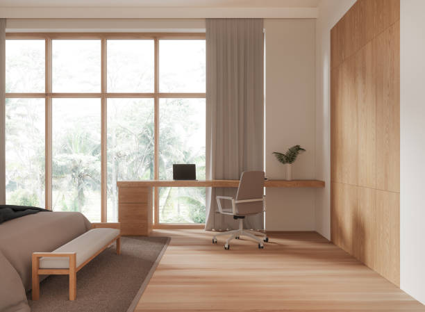 istock Cozy hotel bedroom interior with bed and workplace, panoramic window 2145547648