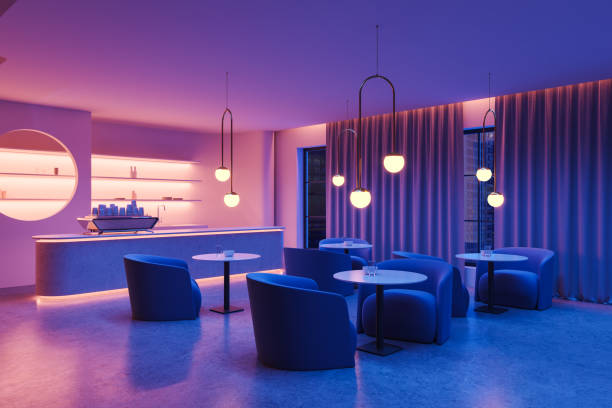 istock Neon purple cafe corner with armchairs 2145548811