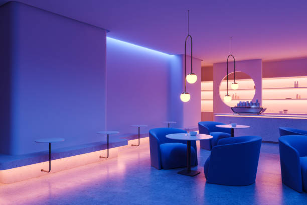 istock Neon cafe interior with bar island, eating and relaxing space and soft place 2145549234