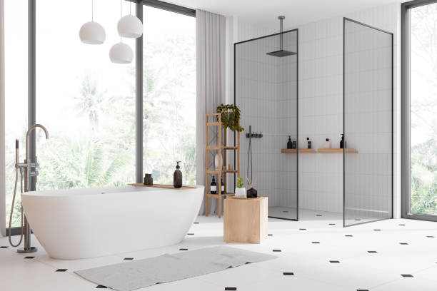 istock White bathroom corner with tub and shower 2145550279