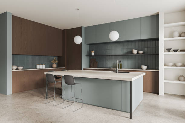 istock Gray and wooden kitchen corner with island 2145551329