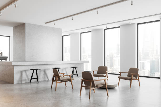 istock Modern cafe interior with bar counter and relax place near panoramic window 2145554449