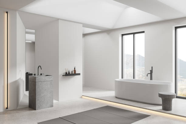 istock White bathroom corner with tub and sink 2145557552